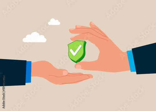 Thinking business people. Good attitude. Business deal, agreement, contract. Green check marks. Modern vector illustration in flat style