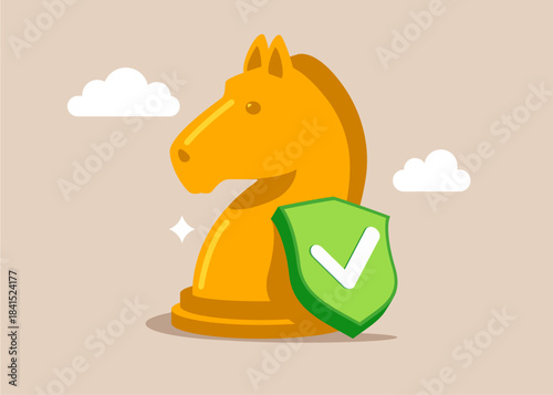 Chess figure Horse and green shield with check mark. Agreement or partnership decision. Modern vector illustration in flat style