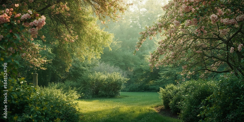 Obraz premium Verdant garden scene featuring trees and bushes, flowering branches with pink clusters, suitable for landscape design