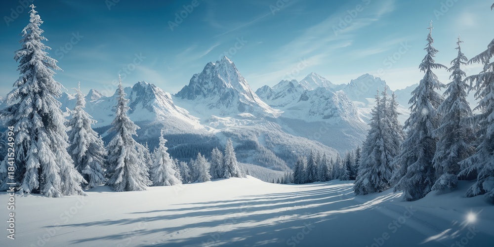 Obraz premium European mountain range covered in snow, designed as a cross country skiing trail in a winter setting, Winter Solstice