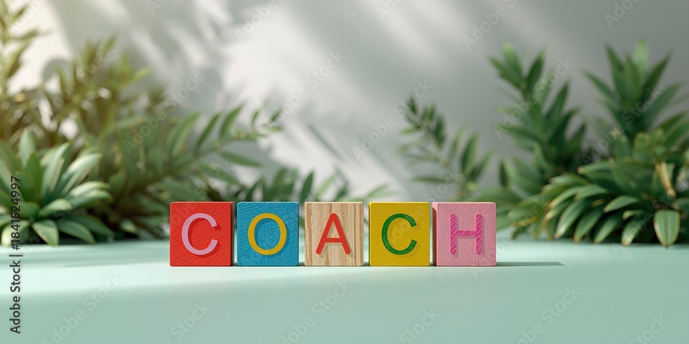 Naklejka premium Wooden blocks forming COACH sitting before a plant-themed backdrop, serving as a branding display