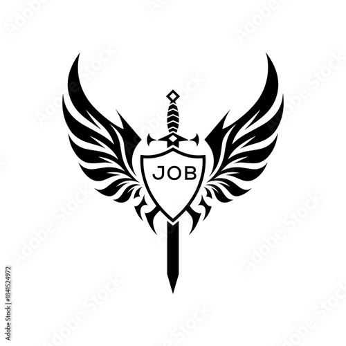 Winged Sword and Shield Logo with JOB Letters, Heraldic Emblem, Black and White Vector Design, JOB  Later Logo,
