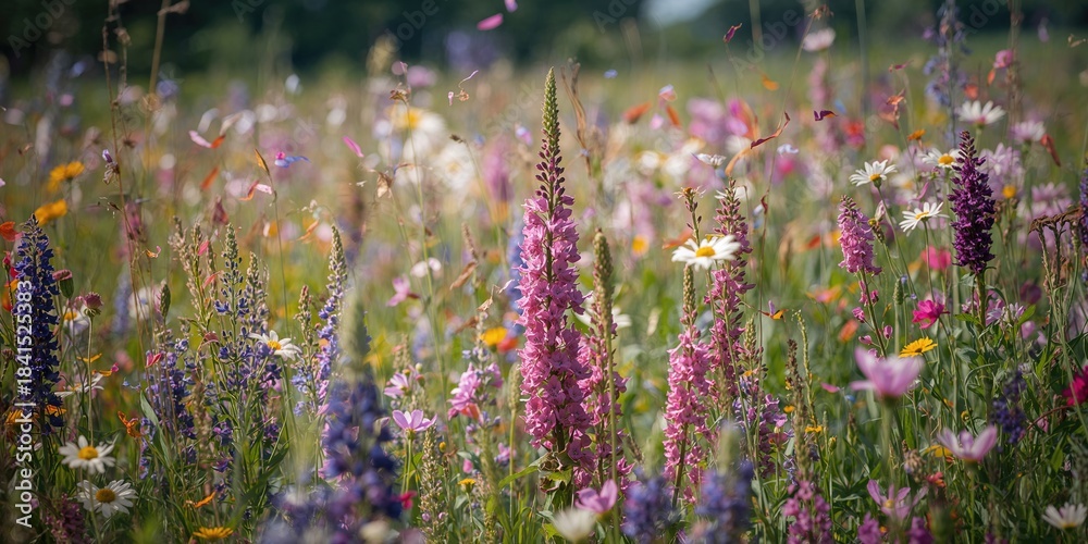 Obraz premium Close-up of vibrant wildflowers in a meadow, natural seasonal bloom,