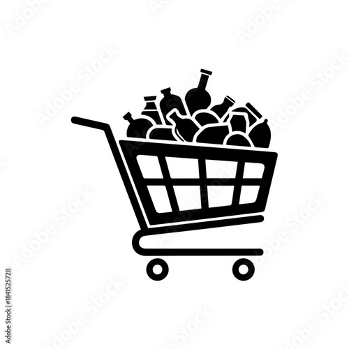 Shopping cart full of groceries, shopping bags, or a standalone basket icon is a common retail and e-commerce symbol for online purchase and sale