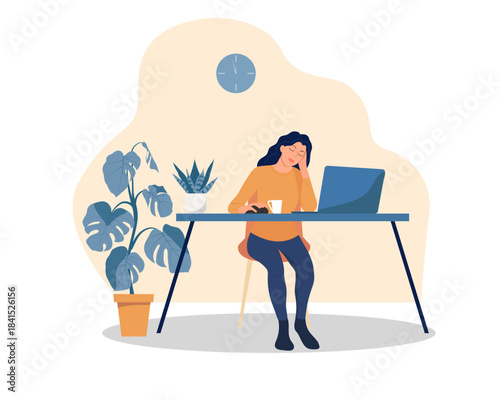An illustration of a home office: a woman sits at a table in front of a laptop, holds a mouse and rests her hand on her chin; there is a cup on the table, houseplants next to it