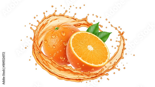 Exploding orange fruit splash with slices and leaves isolated on transparent background