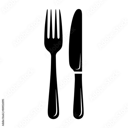 Culinary Ensemble: A pristine illustration of a fork and knife, representing the fundamental elements of dining, poised in perfect alignment, conveying culinary excellence.