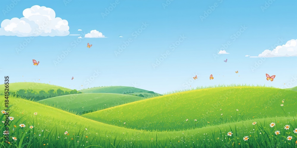 Naklejka premium Cartoon meadow scene featuring lush green fields and a springtime lawn hill under a bright blue sky for landscape design, Earth Day