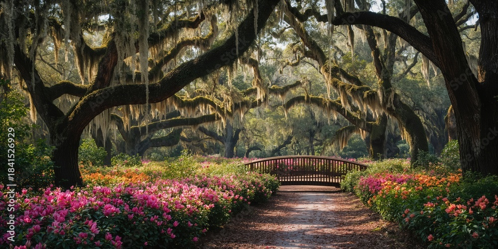 Fototapeta premium Magnolia Plantation azalea garden in Charleston, South Carolina, focusing on seasonal bloom display during spring