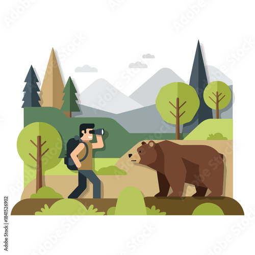 Hiker Observing Bear in Forest illustration vector