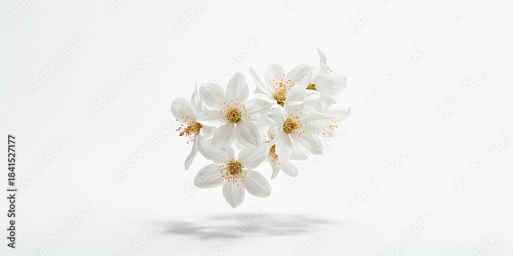 Obraz premium Jasmine flowers floating against a white backdrop, ideal for botanical layout backgrounds