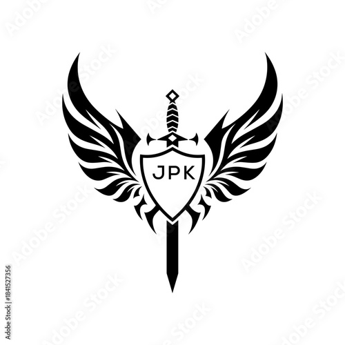 Winged Sword and Shield Logo with JPK Letters, Heraldic Emblem, Black and White Vector Design, JPK  Later Logo,
