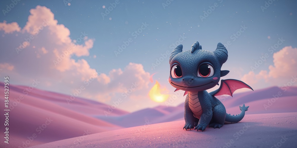 Obraz premium Illustration of a small dark blue baby dragon, suitable for a fantasy childrenâ€™s book