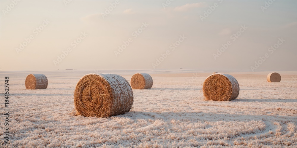 Fototapeta premium Hay rolls piled in a snow-blanketed open field, farming equipment maintenance during winter, seasonal change
