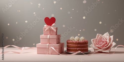 Decorative pink gift boxes with ribbon, accompanied by a red wooden heart and gingerbread cake, used as holiday packaging