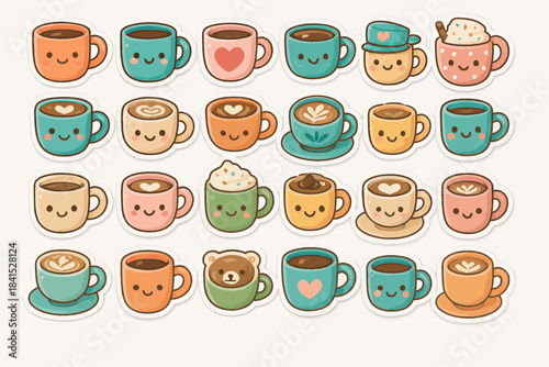 Cute cartoon coffee mugs with faces and various designs