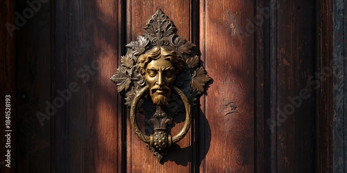 Decorative Bacchus head door knocker showcasing antique artistry, ideal for traditional home entrances