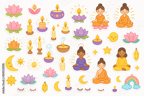 Meditative elements: diverse women practicing yoga surrounded by peaceful symbols