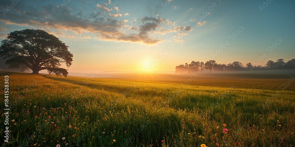 Naklejka premium Sunrise over a lush Portugal field used as a natural background for text or layout, highlighting seasonal transition