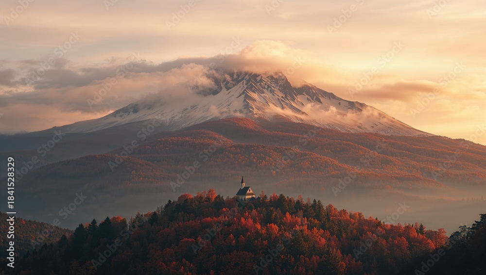 Naklejka premium Drone perspective of foggy hills with vibrant fall foliage and a colorful sky, highlighting seasonal transformation in nature