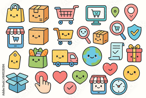Cute shopping and delivery icons with faces and expressions