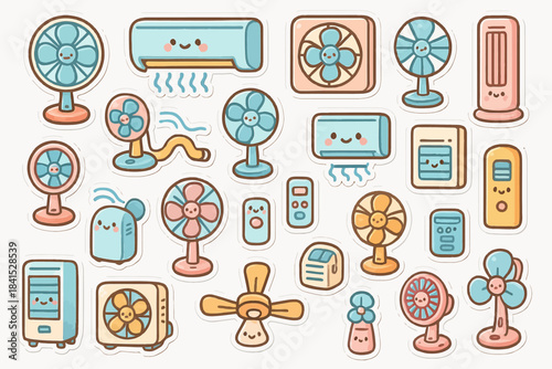 Cute kawaii style household fans and air conditioners collection with faces