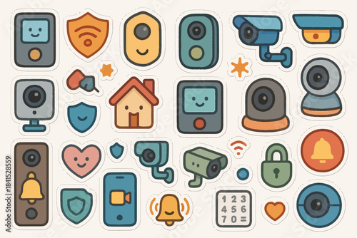Cartoon security icons: cameras, alarms, locks, and smart devices