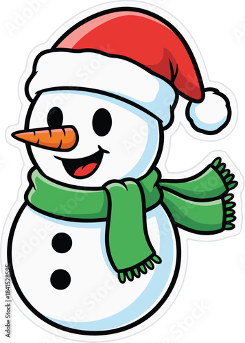 A delightful cartoon snowman smiles happily wearing a red Santa hat and a cozy green winter scarf