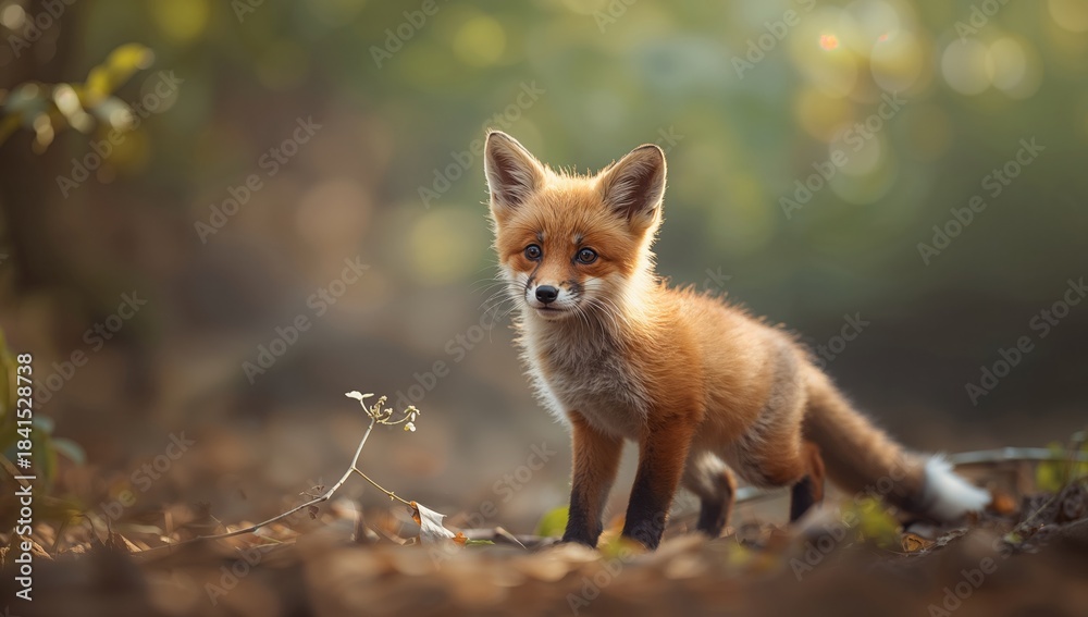 Naklejka premium Red fox kit in a natural setting, alert and focused, wildlife observation