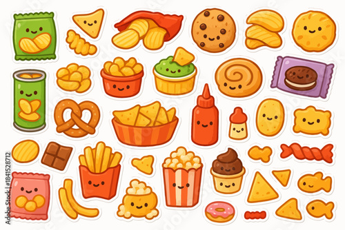 Cute kawaii snack stickers with smiling fast food and treats