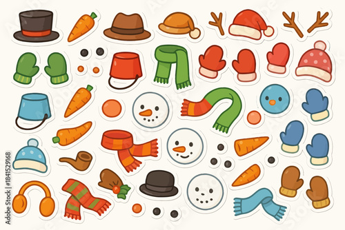 Winter accessories and snowman elements: carrots, hats, scarves, gloves, earmuffs