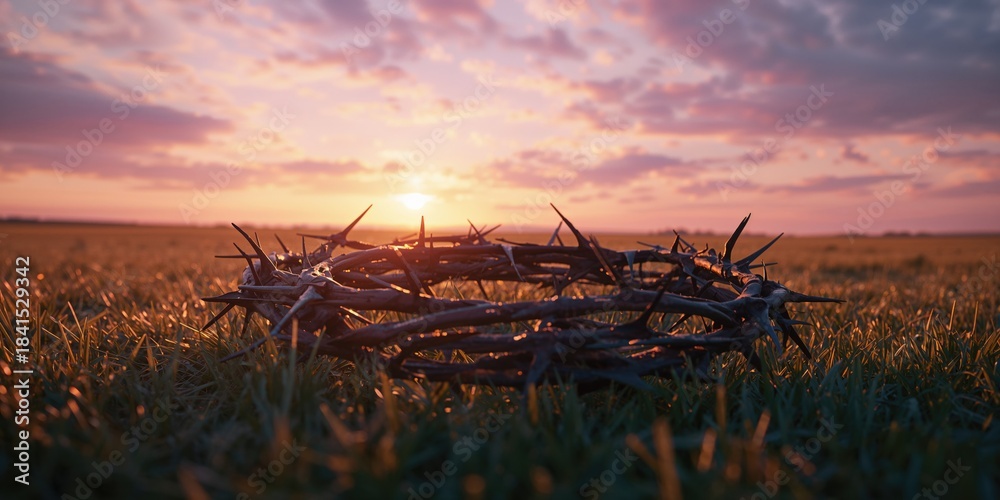 Naklejka premium Thorny plant on a field during sunset, highlighting natural erosion and seasonal change