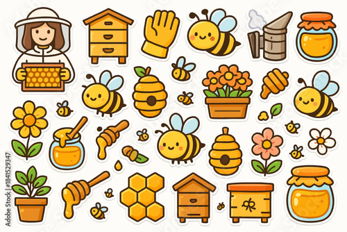 Cute bee cartoon stickers with honey and flowers collection