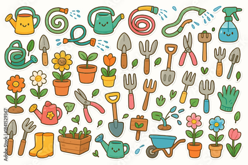 Colorful cartoon garden tools and plants with cute faces