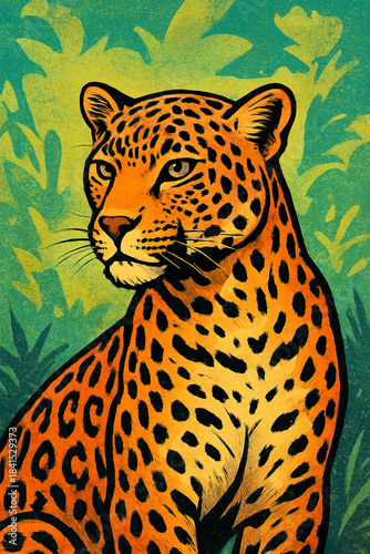 Comic Style Leopard Illustration with Bold Lines and Vibrant Colors