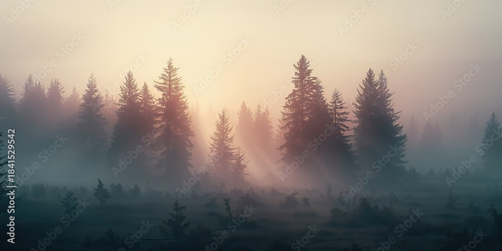Naklejka premium Trees shrouded in early dawn fog, suitable for editorial header backgrounds, Earth Day