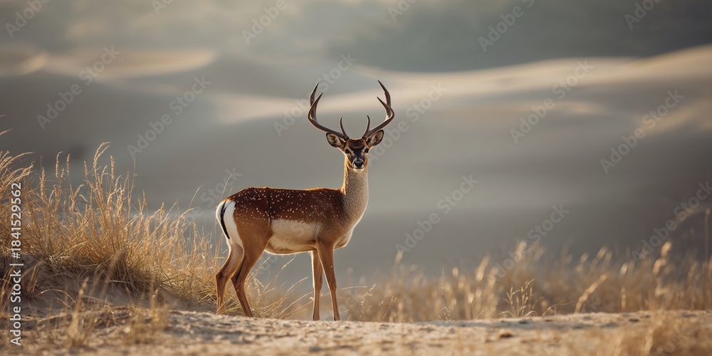 Fototapeta premium Fallow deer dama dama standing in open space among dunes, natural habitat preservation