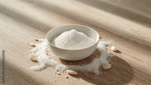 White sand and lump sugar in a bowl and scoop setup, kitchen display, International Sugar Awareness Week