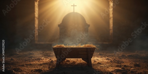Nativity setting with wooden manger alongside an empty tomb illustrating the purpose of the season, Easter symbolism