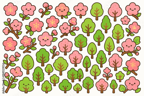 Cute kawaii style cherry blossom trees and flowers illustration