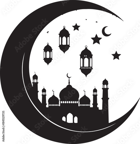 Silhouette of grand mosque structure resting inside large crescent moon surrounded by stars and hanging lanterns