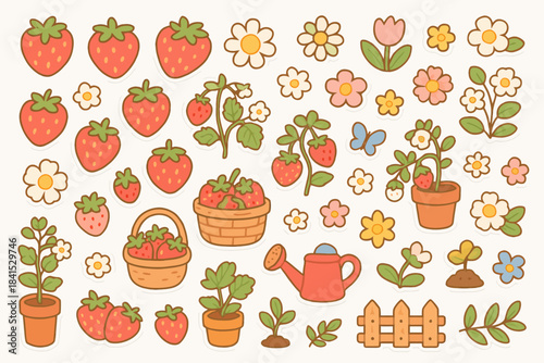 Colorful strawberry and flower stickers with gardening designs