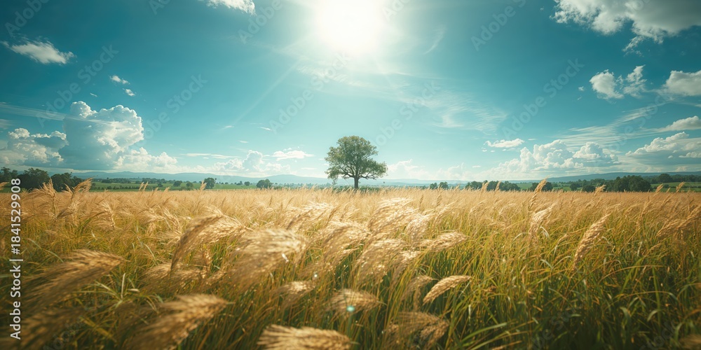 Naklejka premium A sunlit field with tall grass moving gently in the wind, serving as a nature backdrop for outdoor projects, Earth Day