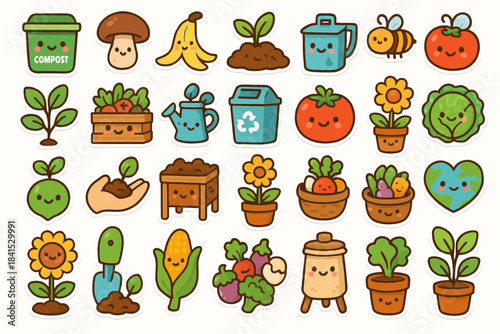 Cute cartoon garden icons with plants, vegetables, and composting tools
