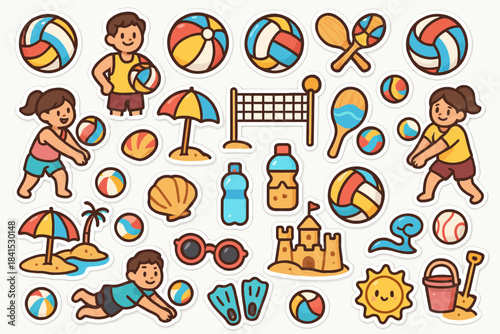 Cartoon beach scene with kids playing volleyball and beach toys