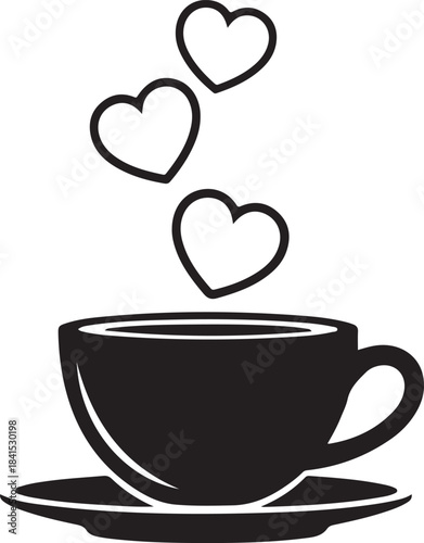 Black coffee cup silhouette with saucer steaming rising hearts symbolizing affection and warm beverage