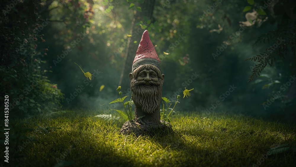 Obraz premium Clay bust with moss in a vibrant garden serving as garden ornament, Earth Day