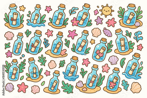 Colorful bottles with messages, sea shells and starfish in cute pattern