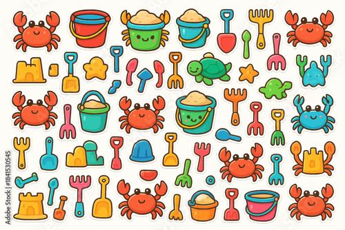 Colorful beach toys and cartoon crabs with sandcastles and buckets