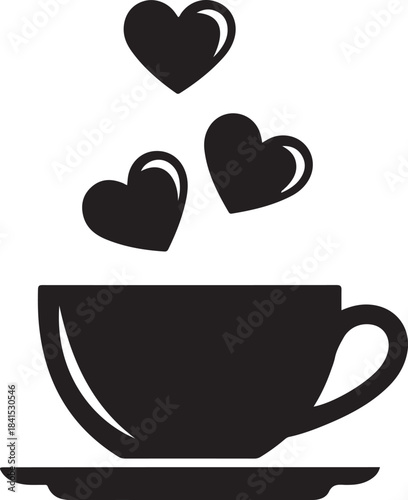 Cup of hot beverage with three small hearts rising from steam above saucer